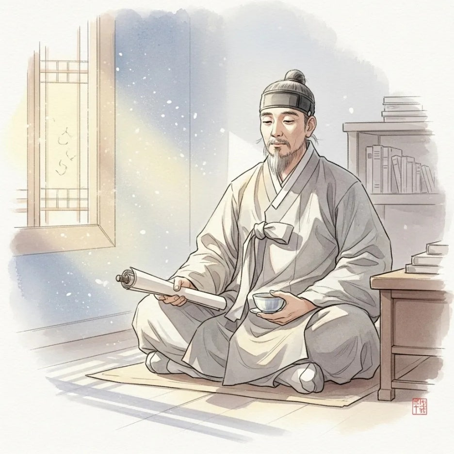 햇살 가득한 서재에서 깊이 사색하는 철학자