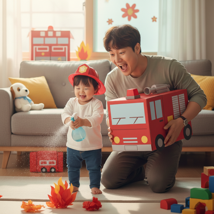 24개월 아빠표 역할놀이로 소방관 놀이를 하며 의성어를 배우는 아빠와 아기 모습