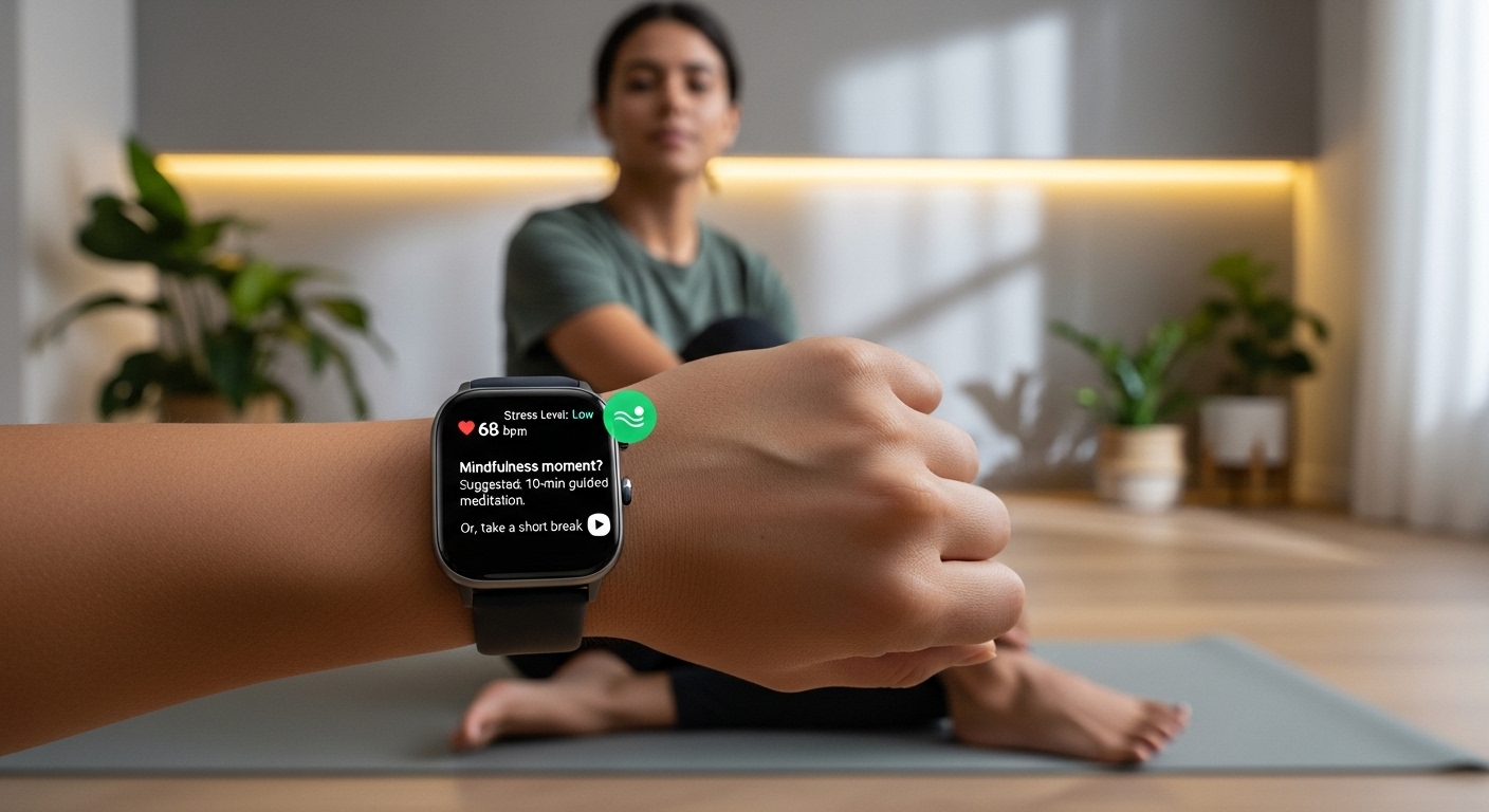 AI 기반 스마트 워치로 건강 지표를 확인하며 스트레스 관리를 하는 현대인의 모습.