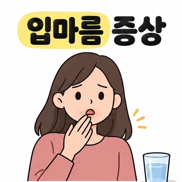 입마름 증상 제목 아래 입술 주변에 손을 둔 사람과 물컵을 그린 삽화