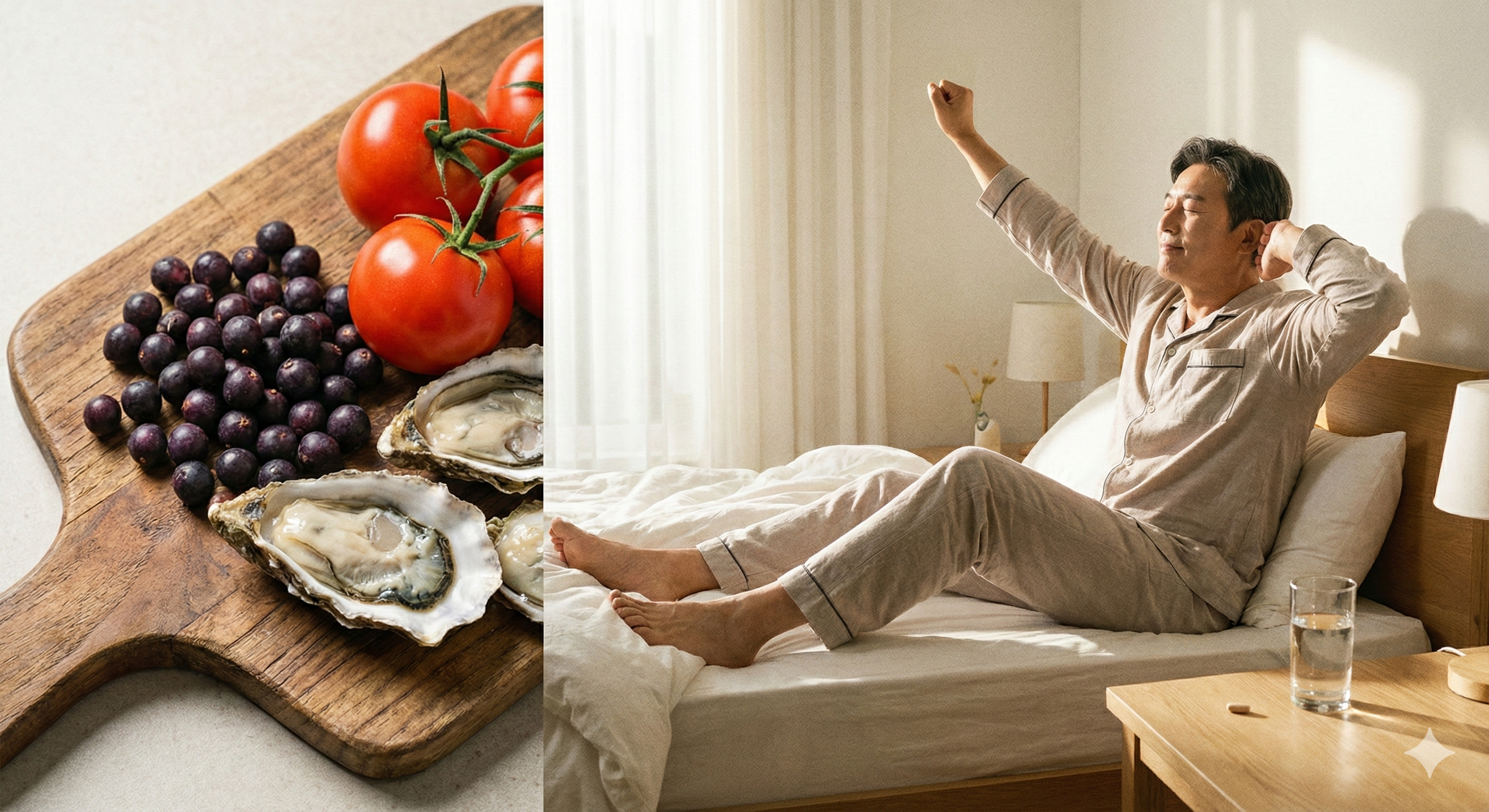 전립선 건강을 위한 소팔메토와 활기찬 중년 남성의 일상설명: 따뜻하고 안정감 있는 톤의 이미지