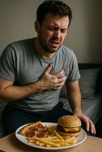 야식먹고 생기는 부작용 표출하는 모습