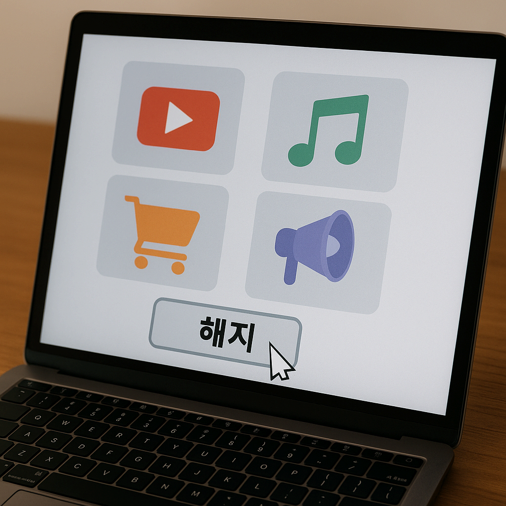 노트북 화면에서 구독 서비스 자동 결제를 해지하는 모습