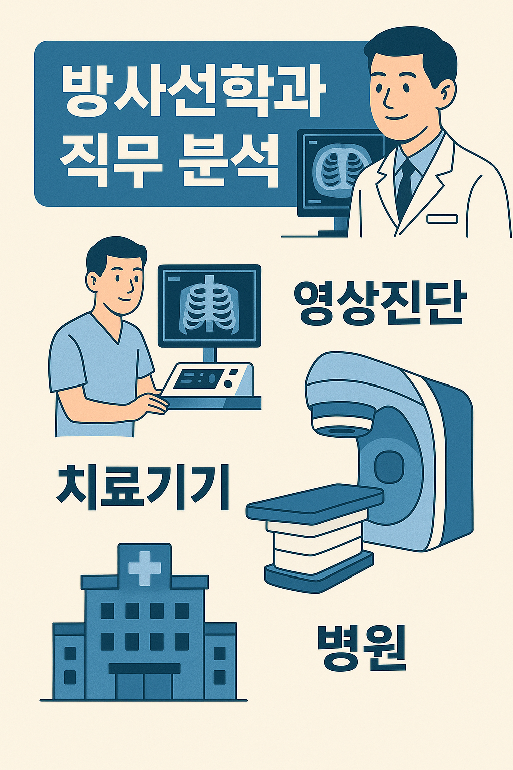 방사선학과 직무 분석 포스터로, 영상진단, 치료기기 운용, 병원 근무의 세 가지 직무를 파란 계열 일러스트로 시각화하였다.]