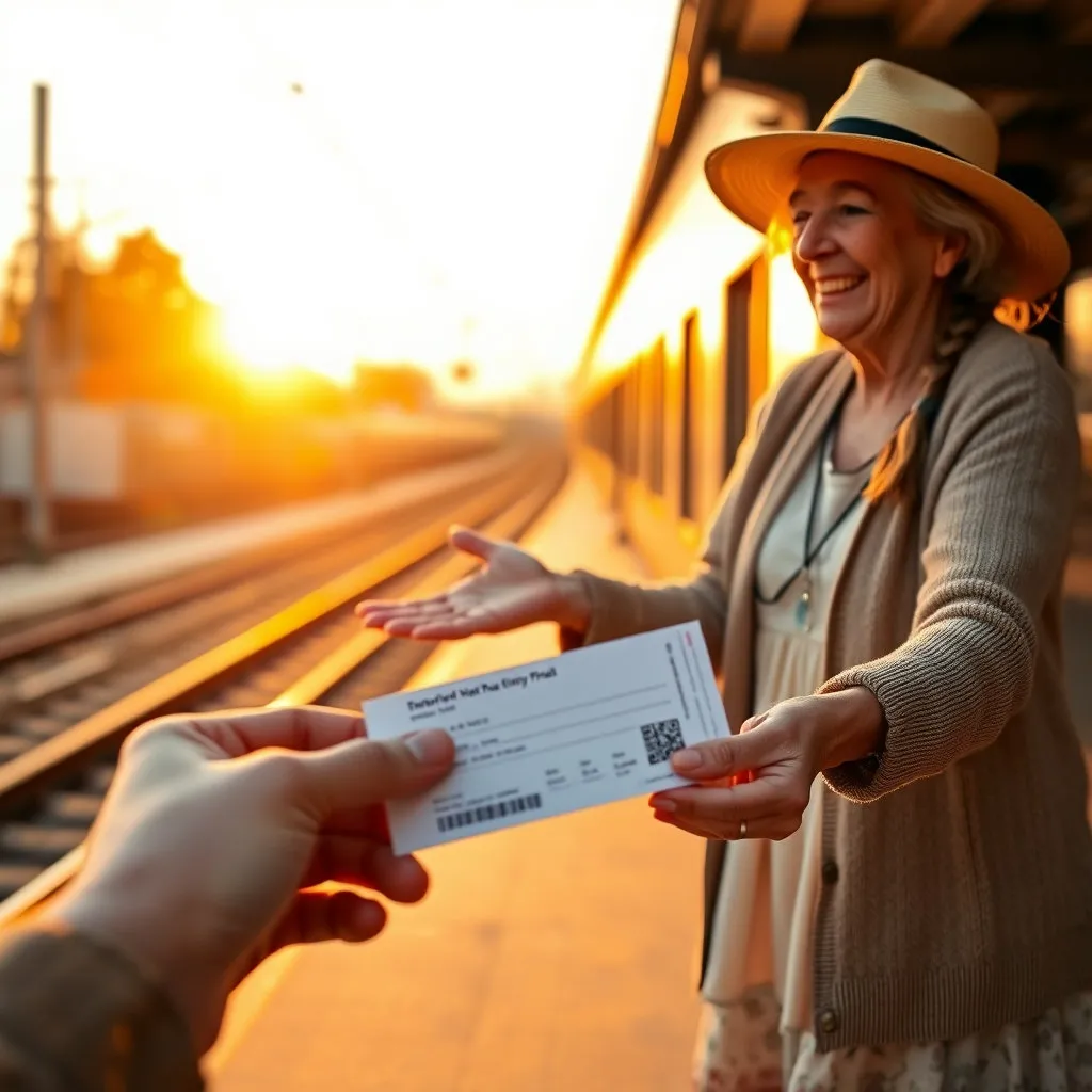 할머니와 손녀가 역 플랫폼에서 서로를 향해 환하게 미소 지으며 다가가는 모습. 한 손에 들린 기차표가 클로즈업되어 보이고, 다른 한 손은 서로에게 뻗어져 있습니다. 배경은 해 질 녘의 따뜻한 조명을 받아, 감동적이고 아름다운 재회의 순간을 연출합니다.