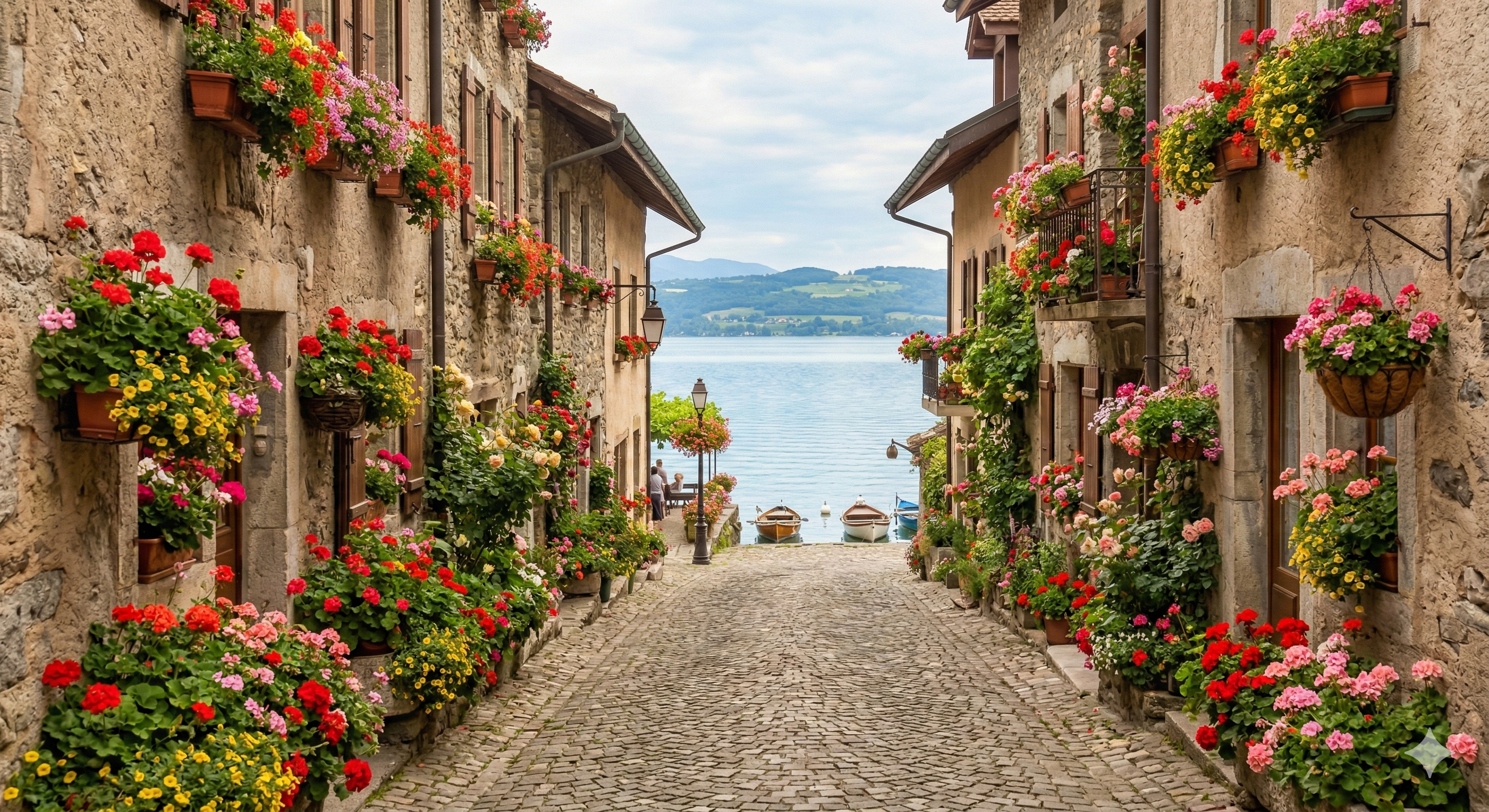 레만 호수를 배경으로 화려한 봄꽃이 만발한 중세 마을 프랑스 이부아르의 골목길.