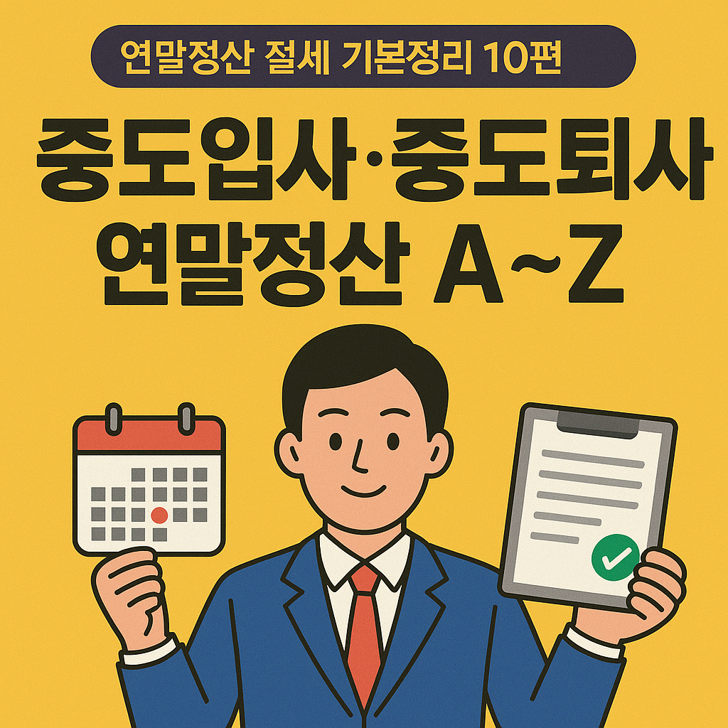 연말정산 절세 기본정리 10편, 중도입사·중도퇴사 연말정산 A~Z를 설명하는 인포그래픽 스타일 썸네일 이미지
