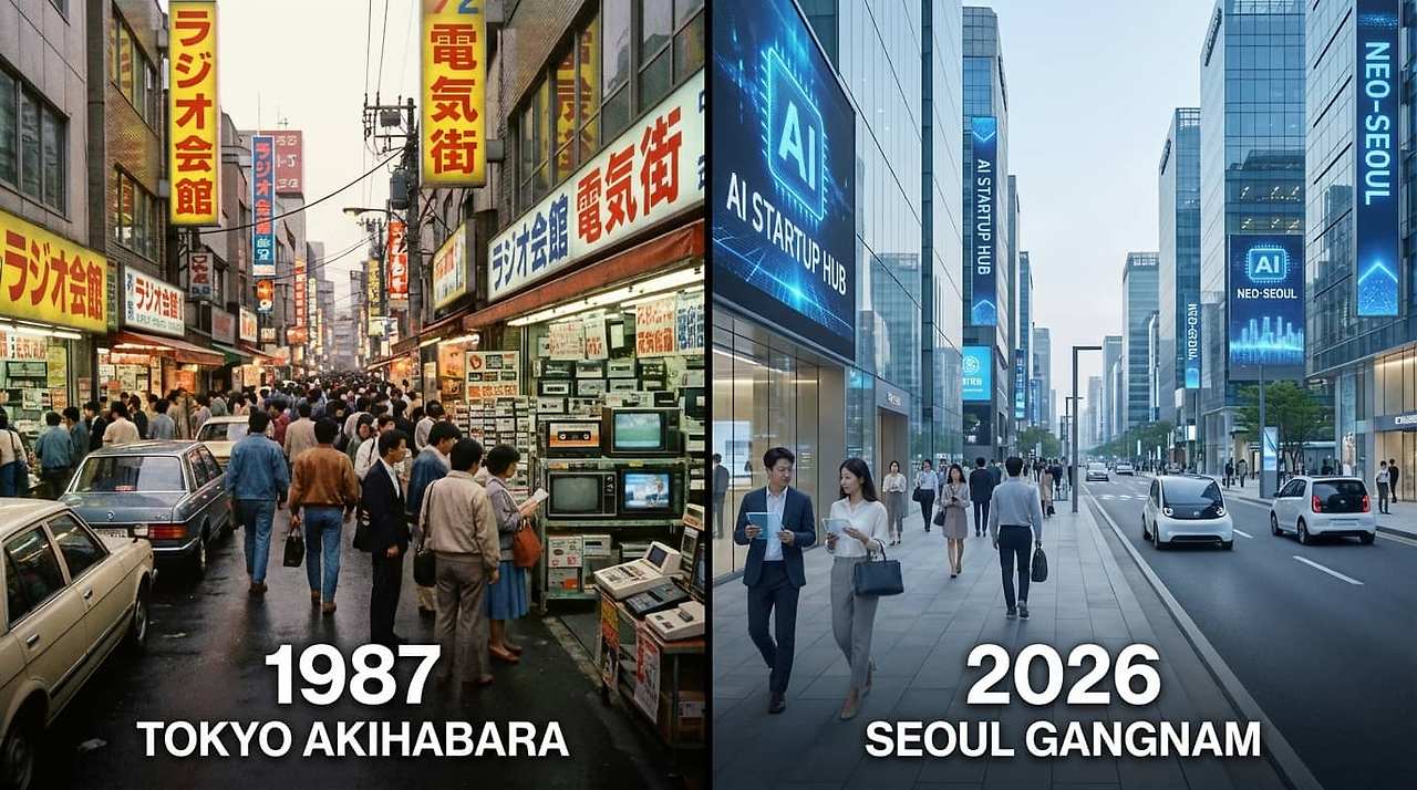 1987년 일본 전성기 전자제품 거리와 2026년 한국 AI 스타트업
과거 일본 전성기 거리와 한국 AI스타트업 지역 대비