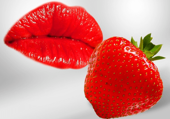 아주 빨간 여자 입술과 새빨간 딸기 한 알이 나란히 있는 장면이다.