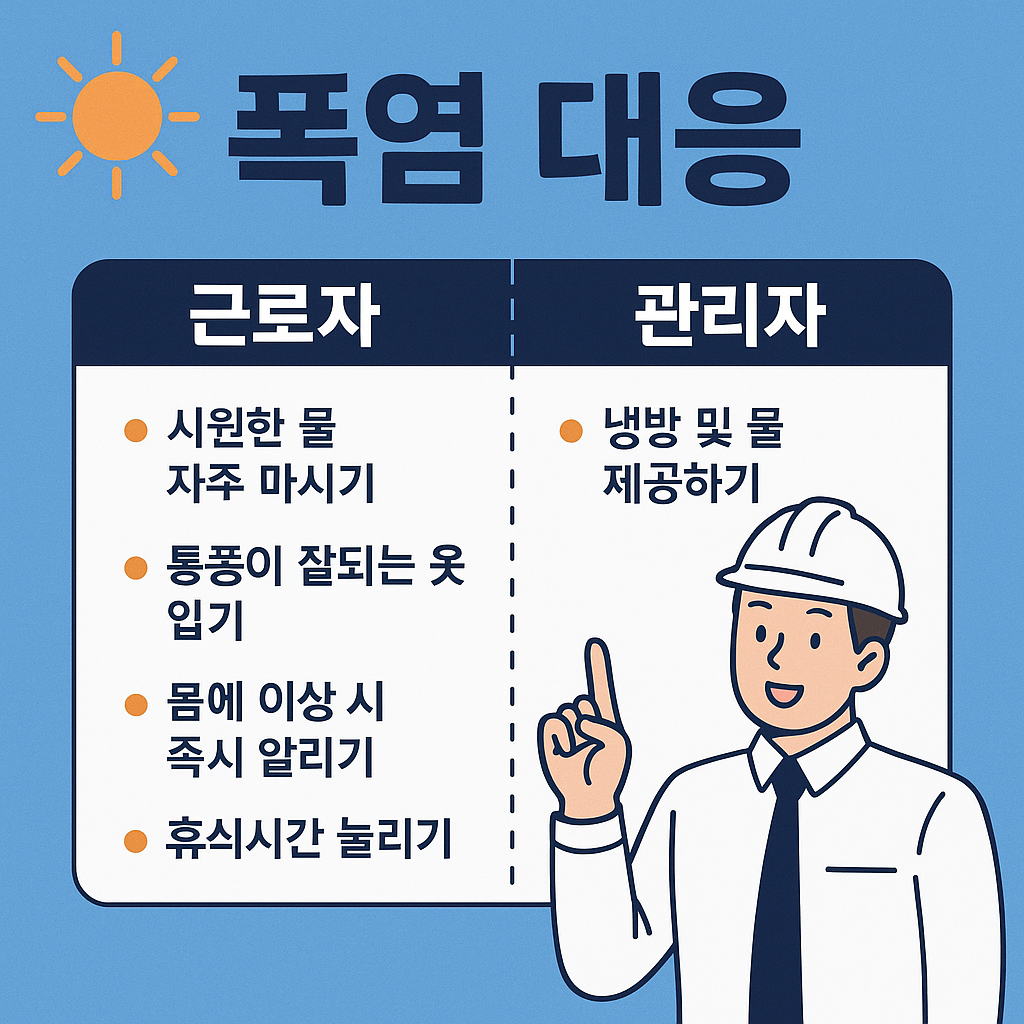 폭염 상황에서 근로자와 관리자가 각각 지켜야 할 행동 수칙을 정리한 인포그래픽. 시원한 물 마시기, 통풍이 잘되는 옷 입기, 냉방 제공 등 항목 포함.