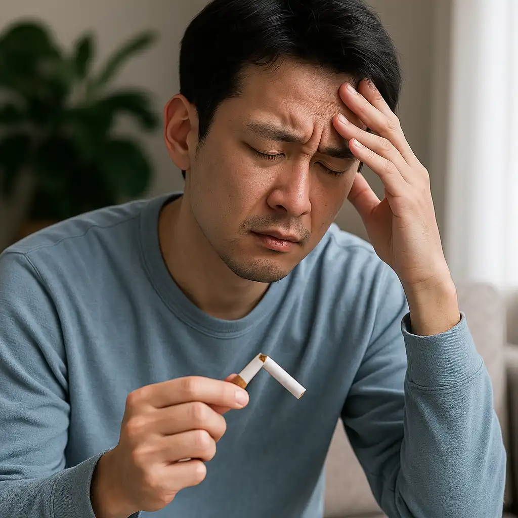금연 결심 후 금단현상으로 힘들어하는 남성 모습
