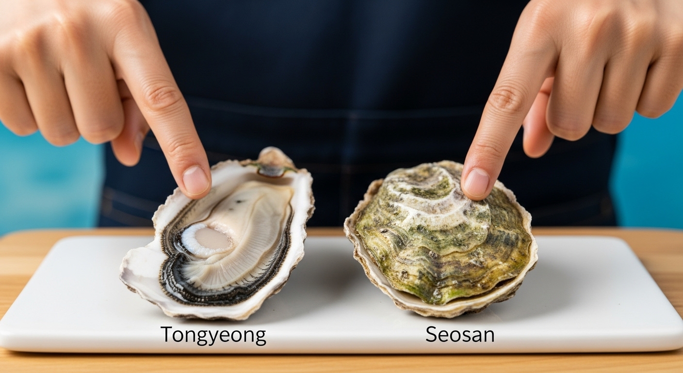 통영 굴과 서산 굴의 생김새와 특징을 비교하여 보여주는 손.