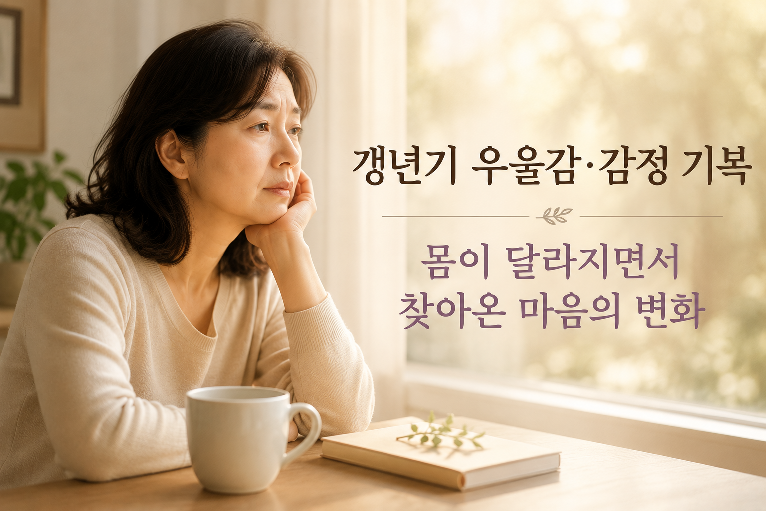 몸의 변화로 우울감과 감정 기복을 느끼는 갱년기 여성의 모습을 표현한 이미지