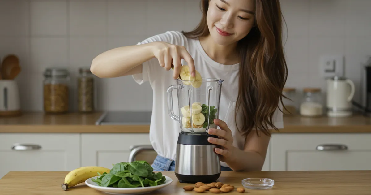 믹서기 요리를 하고 있는 여자 이미지