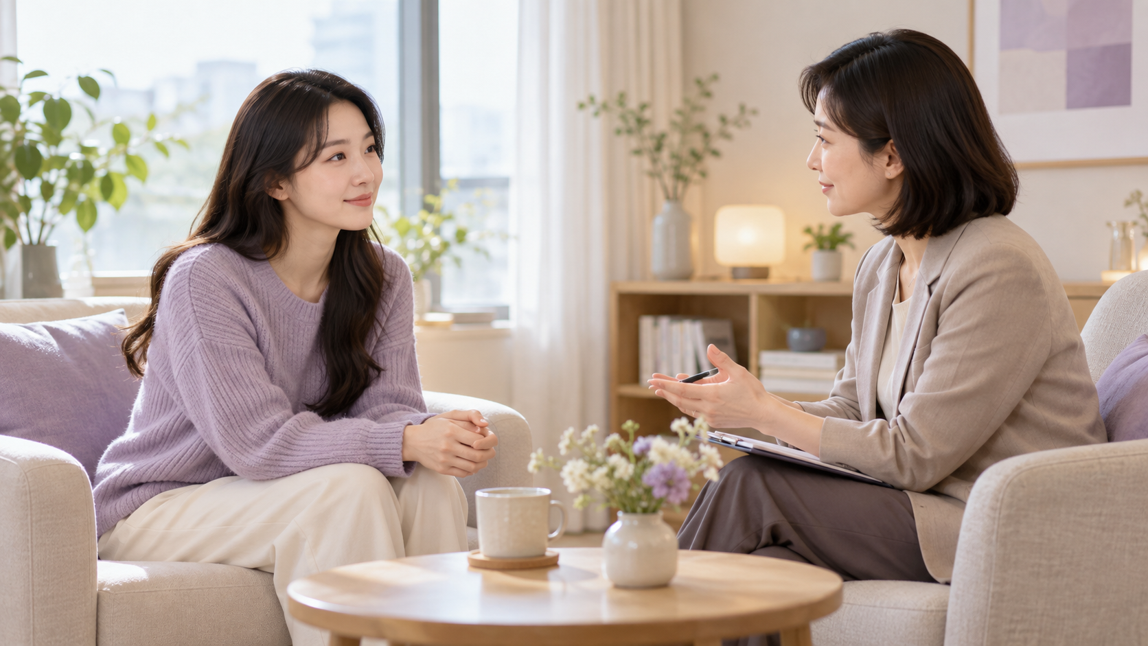 편안한 상담 공간에서 서로 마주 앉아 대화하는 성인과 정신건강 전문가