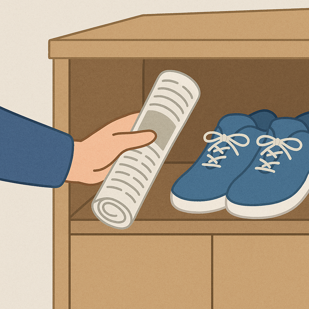 옷장에 신문지를 활용한 습기 제거 예시