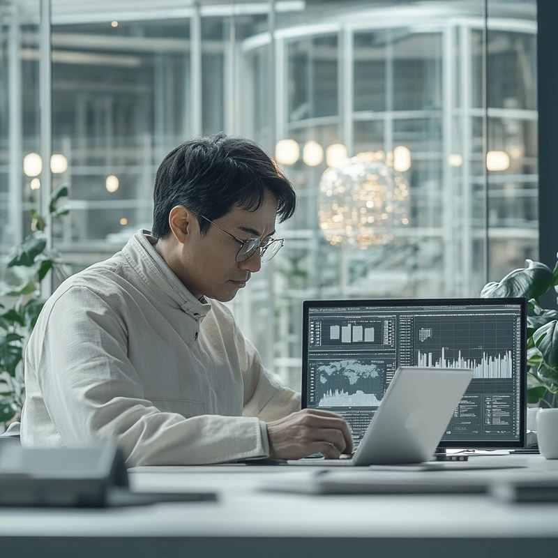 2025년 국내상장 미국 월배당 ETF 수익률을 비교하는 투자자가 노트북 차트를 분석하는 모습, 월배당 ETF, 수익률 순위, 투자 효율성, 포트폴리오 분석, 금융 데이터 트렌드를 강조