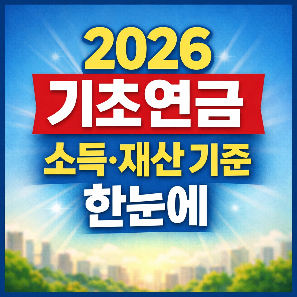 파란 하늘과 도시 배경 위에 굵은 글씨로 “2026 기초연금 소득·재산 기준 한눈에”라는 문구가 중앙에 배치된 정사각형 정보형 썸네일 이미지