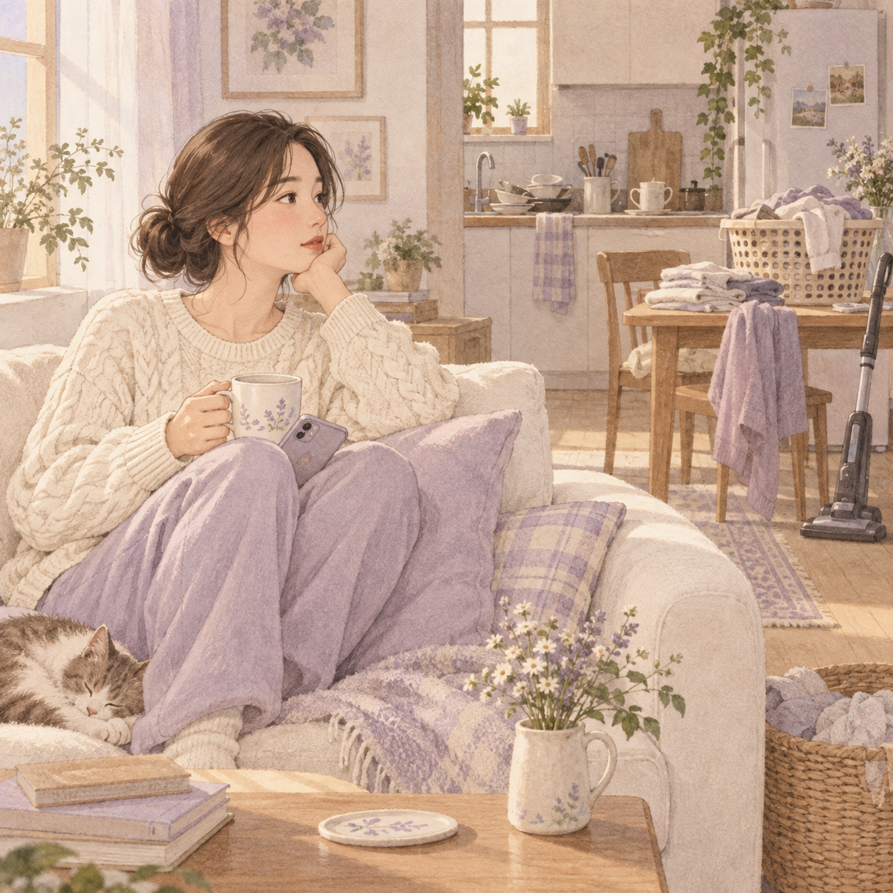 차를 들고 소파에서 집안일을 바라보는 은서의 일러스트
