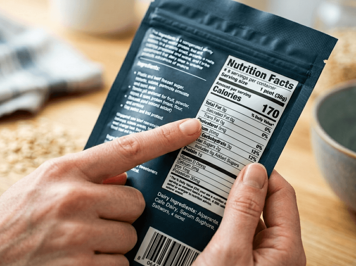 단백질 간식 영양성분표와 원재료명을 확인하는 손 클로즈업