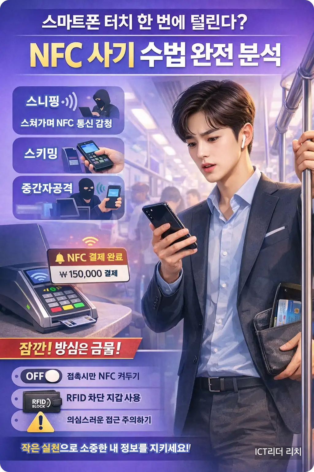 지하철과 같은 공공장소에서 스마트폰 NFC 결제 알림을 확인하며 당황한 표정의 남성과 함께 무단 결제, 정보 탈취 등 NFC 결제 사기 위험을 설명하는 인포그래픽