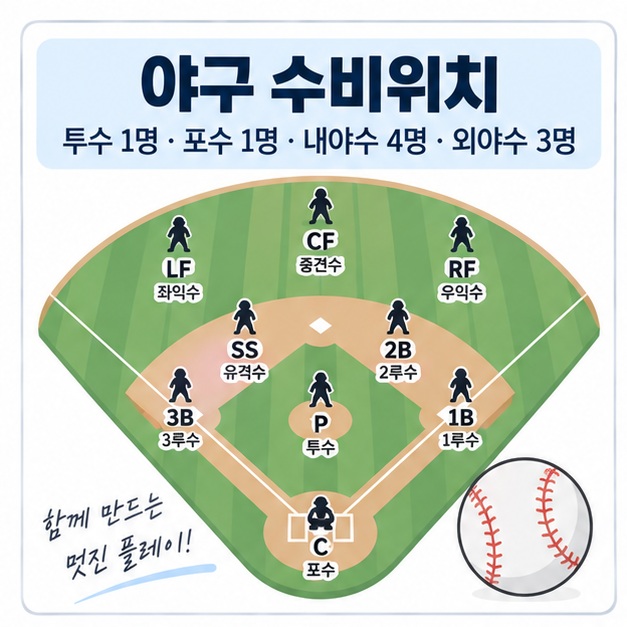 야구장 수비 배치도와 야구공 아이콘 위에 야구 수비위치 문구가 표시된 대표 이미지