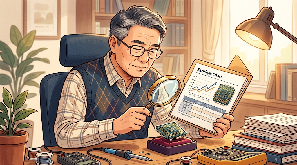 돋보기로 반도체 칩과 실적 그래프를 살펴보는 50대 투자자