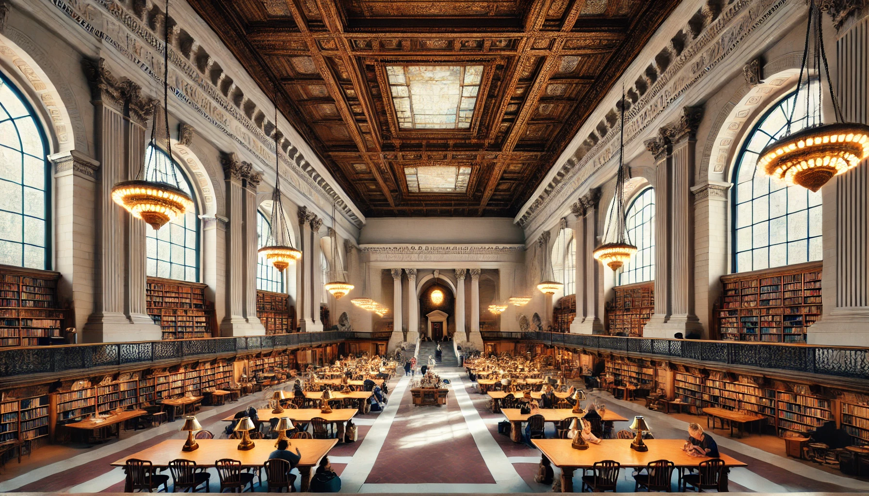 뉴욕 공공 도서관의 웅장한 외관과 내부 독서실 모습