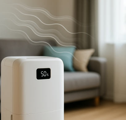 실내 습도를 50%로 유지하며 작동 중인 제습기와 햇살이 비치는 거실