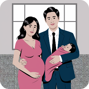 임신. 출산으로 인해 기뻐하고 행복해 하는 가족 이미지