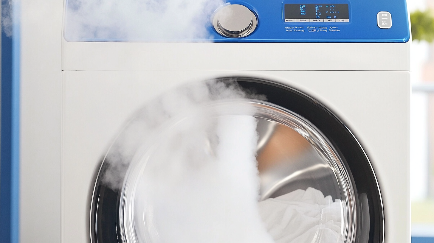 삼성 세탁기가 고온 세탁 사이클을 실행하여 가시적인 증기와 깨끗함으로 알레르겐을 제거하는 모습의 클로즈업