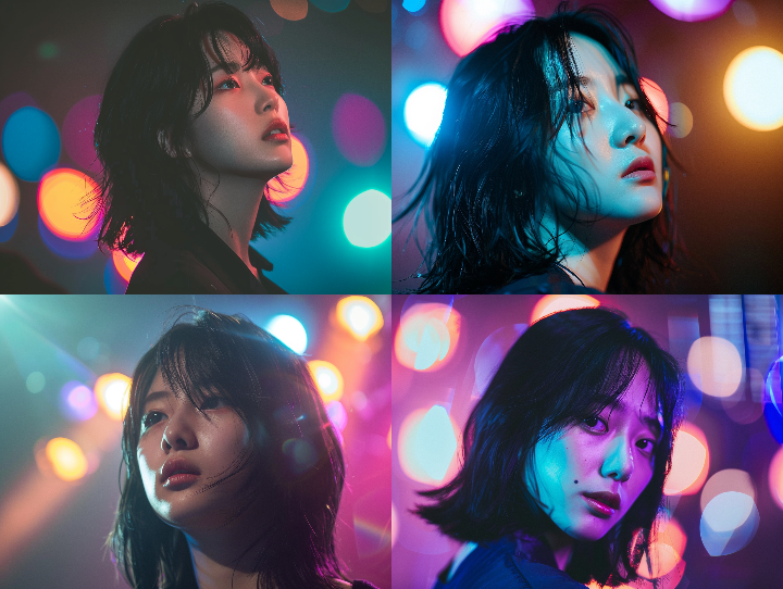 무대 조명을 배경으로 다양한 표정과 자세를 한 네 명의 여성 참가자들이 오디션을 준비하는 모습