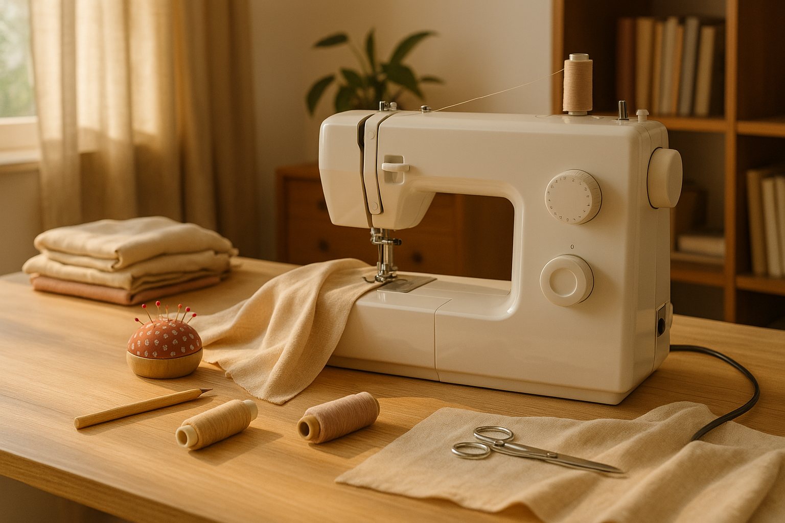 재봉틀과 천, 실, 핀 쿠션 등이 놓인 따뜻한 분위기의 작업 공간