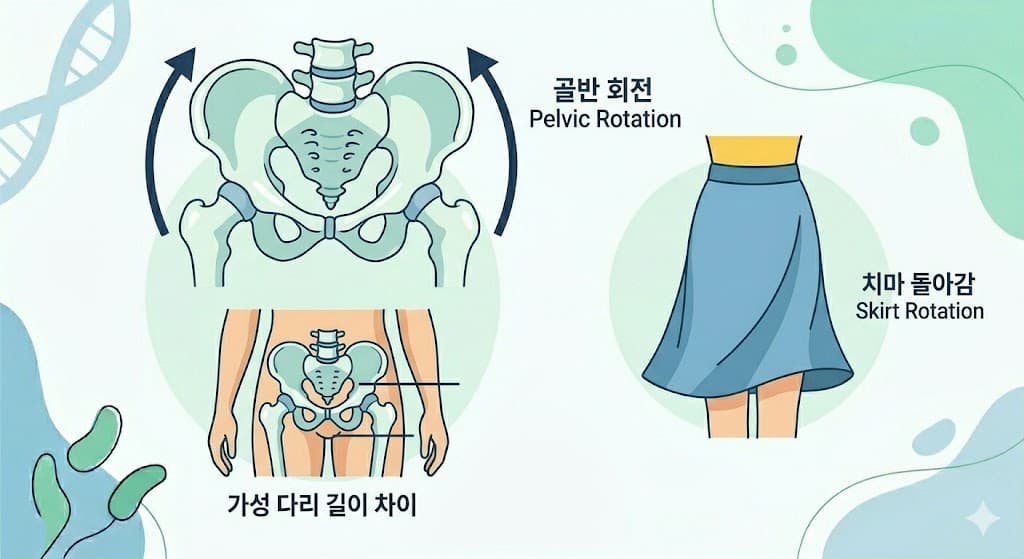 골반 틀어짐 원인 짝다리 다리꼬기 골반 회전 가성 다리 길이 차이 치마 돌아감 해부학 인포그래픽