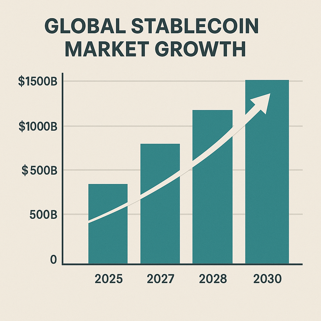2025년부터 2030년까지 글로벌 스테이블코인 시장 성장 전망을 보여주는 차트