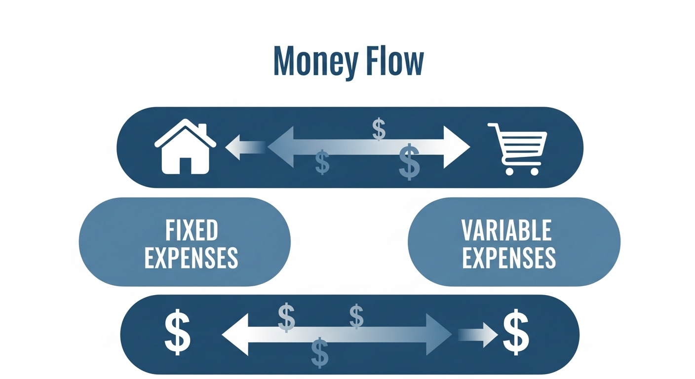 고정지출과 변동지출의 흐름을 시각적으로 구분하여 보여주는 인포그래픽.