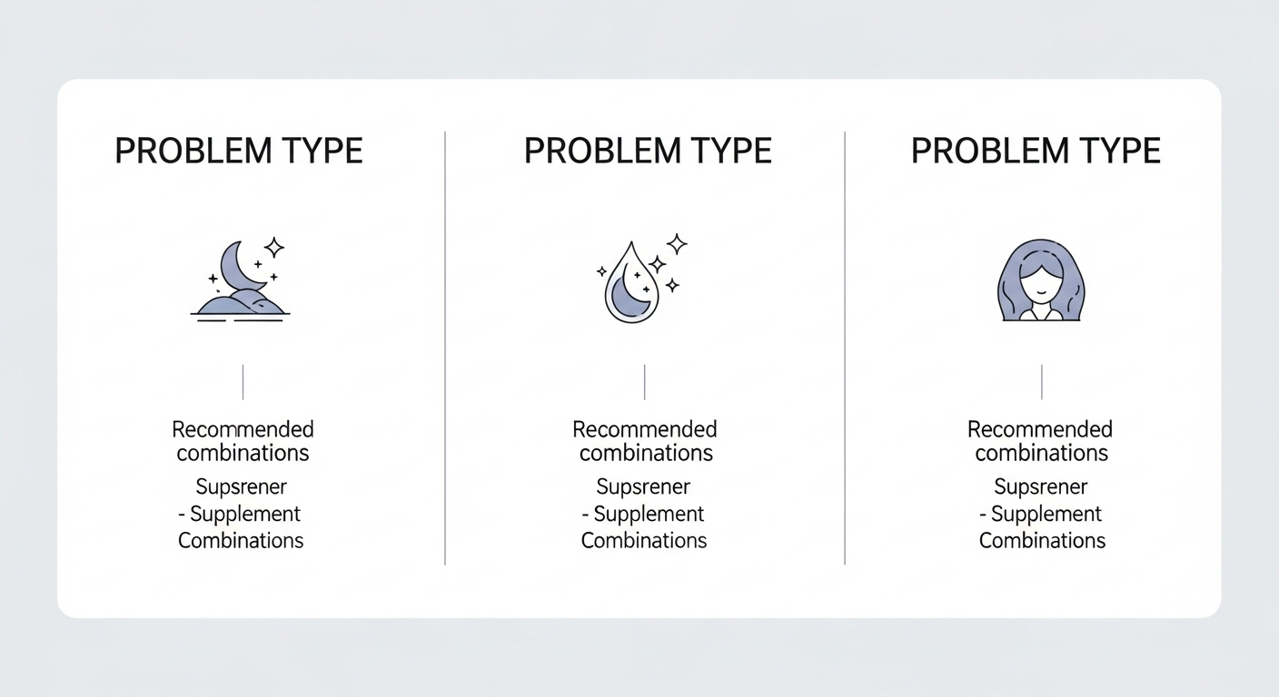 수면 문제 유형별 추천 영양제 조합을 보여주는 인포그래픽. 입면 장애, 수면 유지 장애 등 각 문제에 맞는 성분 조합이 아이콘으로 표시되어 있다.