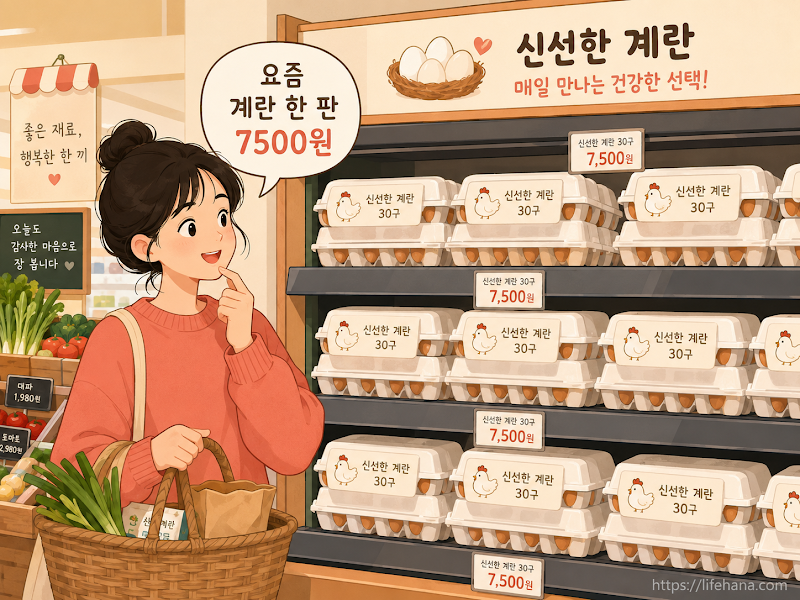 마트 신선식품 코너에서 계란 가격표를 보며 스마트폰으로 할인 앱을 서칭하는 주부의 일상 일러스트
