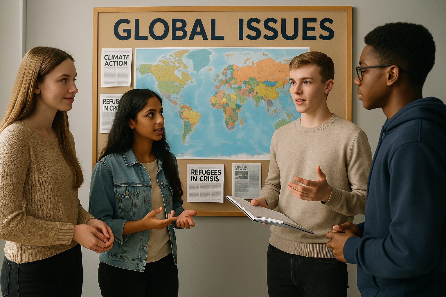 국제 이슈 주제판 앞에서 토론하는 학생들 – 세계 지도와 기사 스크랩 보드 앞에서 발표 중인 모습