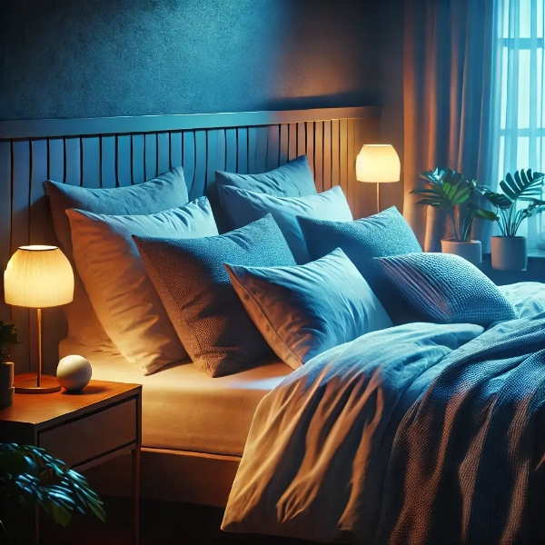 어두운 조명과 깔끔한 침구로 수면을 유도하는 조용한 침실 연출 이미지