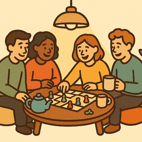 술 없이 처음으로 안전하고 따뜻한 환경에서 보드게임을 즐기는 사람들 일러스트