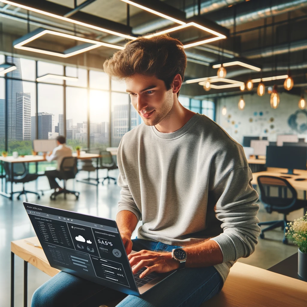 A young man working on a laptop in a modern office with city views in the background, focused on data displayed on the screen.