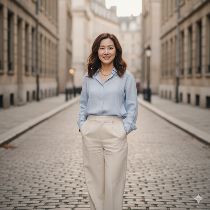 소프트 블루 셔츠에 크림색 팬츠를 입고 미소 짓는 여성