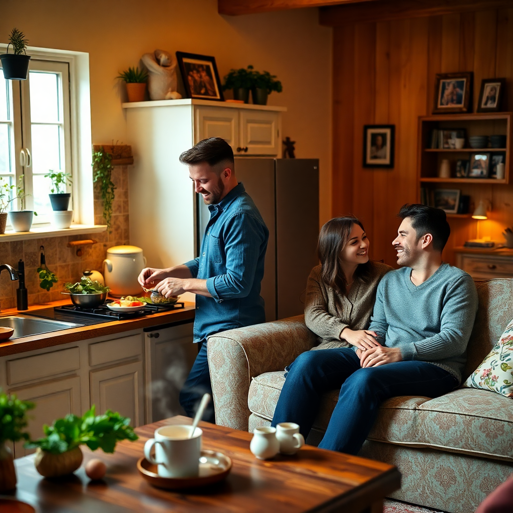 신혼부부가 아늑한 주방에서 함께 요리하거나, 거실에서 미래를 이야기하는 따뜻한 장면을 담아, 새로운 가정을 시작하는 이들에게 안정적인 첫 보금자리가 되어주는 주택의 이미지를 강조합니다.