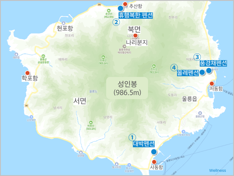 울릉도 추천 펜션 위치도