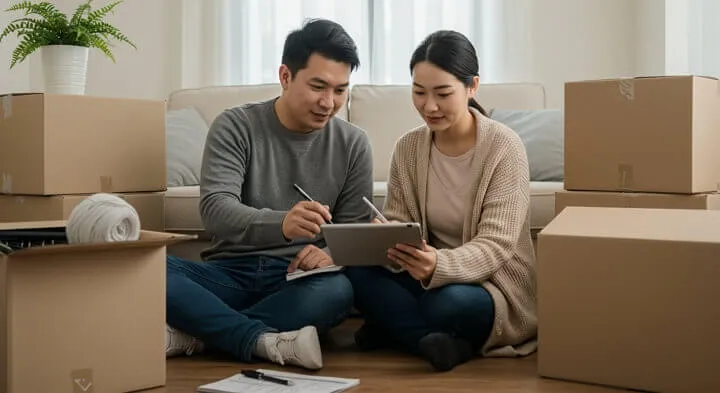 이사 후 전입신고를 마치고 해야 할 일을 태블릿으로 정리하는 부부의 모습