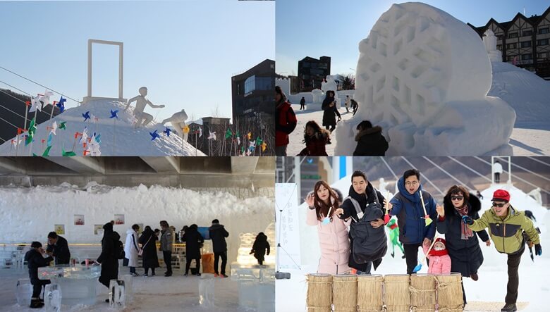 상단좌/우측 사진은 5M정도의 높이로 산처럼 눈을 쌓고 꼭대기에 직사각형 모양의 테두리를 이루게 하고 눈으로 만든 사람 두명이 중간 높이에 서있는 모습과 내리는 눈의 결정체를 거대하게 조각한 작품 앞에 아이들이 구경하고 있는 모습이며, 하단좌/우측 사진은 투명한 얼음으로 만들어진 테이블과 의자가 있는 얼음카페에서 어른과 아이들이 무언가를 마시고 있는 모습과 6개의 지푸라기로 만든 둥근 통안에 화살모양을 한 막대기를 던져서 넣으려고 하는 5명의 관광객의 모습