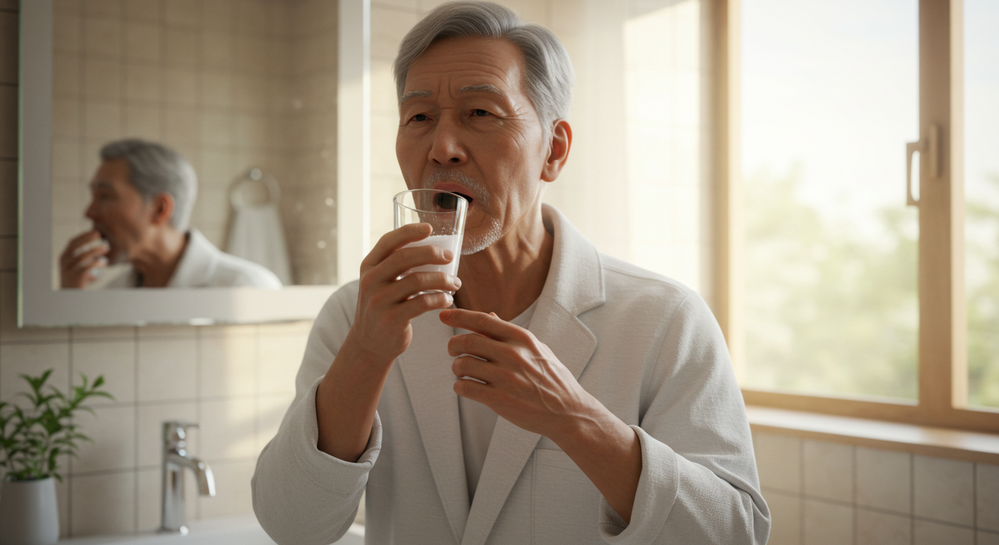 구강질환 예방에 효과적인 소금물 가글하고 있는 할아버지