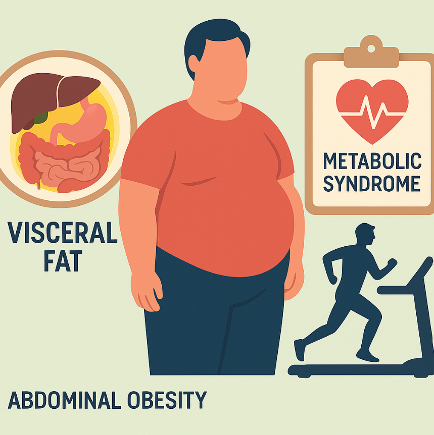 내장지방과 복부비만의 관계를 보여주고 있는 남성 일러스트