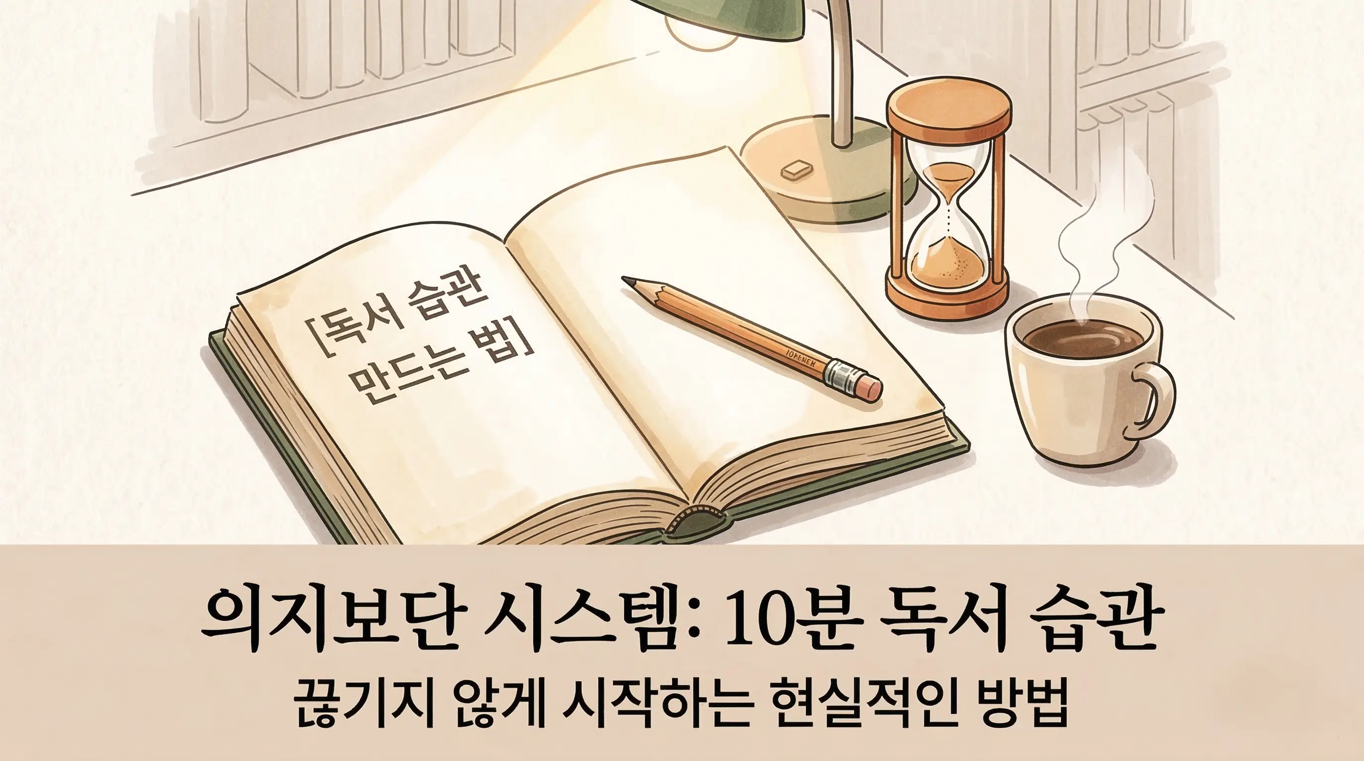 독서 습관 만드는 법을 설명하는 책과 연필, 커피가 있는 감성 일러스트